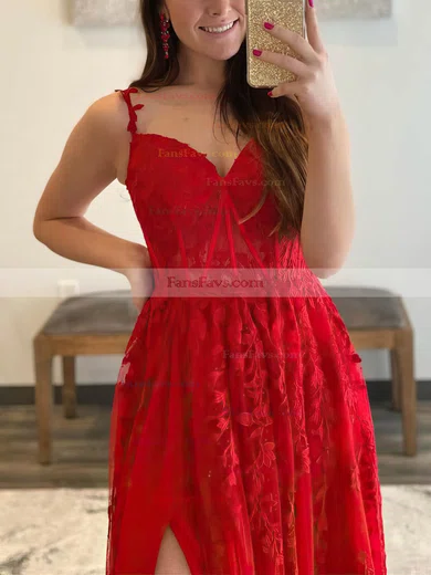 A-line V-neck Lace Tulle Sweep Train Appliques Lace Prom Dresses #Favs020108665