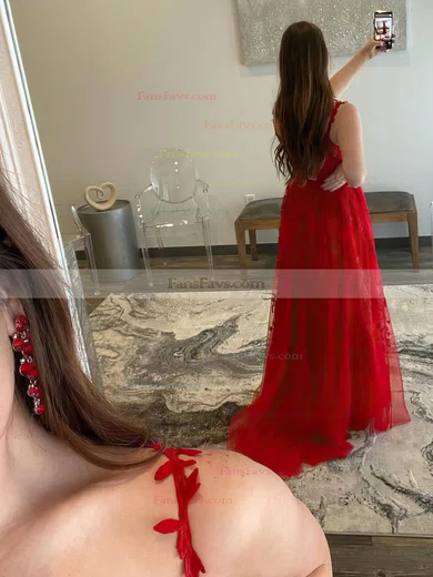 A-line V-neck Lace Tulle Sweep Train Appliques Lace Prom Dresses #Favs020108665