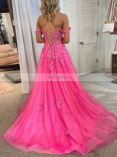 A-line Off-the-shoulder Tulle Lace Sweep Train Split Front Prom Dresses #Favs020108666