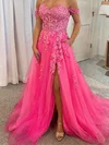 A-line Off-the-shoulder Tulle Lace Sweep Train Split Front Prom Dresses #Favs020108666