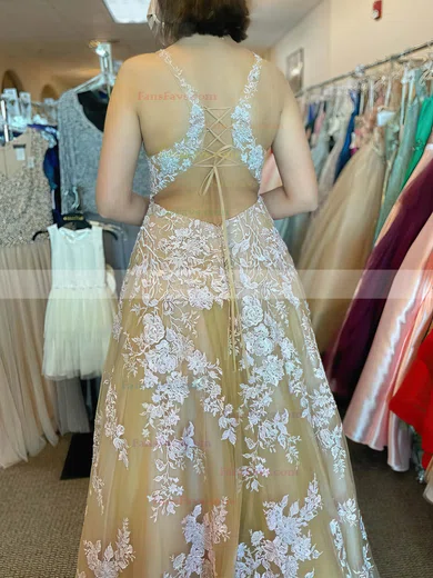 A-line V-neck Lace Tulle Sweep Train Appliques Lace Prom Dresses #Favs020108667