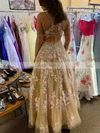 A-line V-neck Lace Tulle Sweep Train Appliques Lace Prom Dresses #Favs020108667