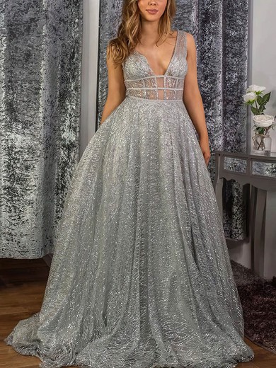 A-line V-neck Glitter Sweep Train Prom Dresses #Favs020108668