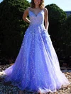 A-line V-neck Lace Sweep Train Pockets Prom Dresses #Favs020108669