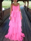 A-line V-neck Tulle Sweep Train Tiered Prom Dresses #Favs020108675