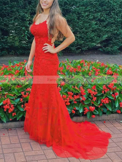 Trumpet/Mermaid Square Neckline Tulle Lace Sweep Train Appliques Lace Prom Dresses #Favs020108677