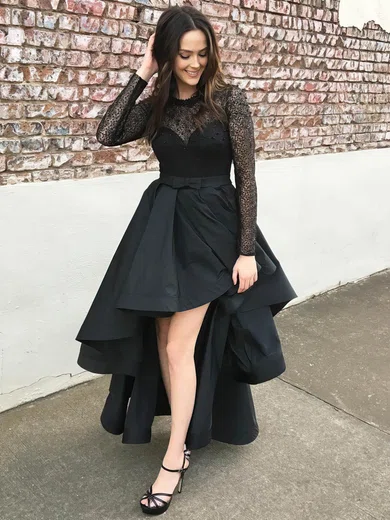 A-line Scoop Neck Satin Tulle Asymmetrical Beading Prom Dresses #Favs020105399