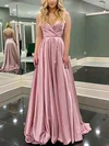A-line V-neck Silk-like Satin Sweep Train Ruffles Prom Dresses #Favs020108683