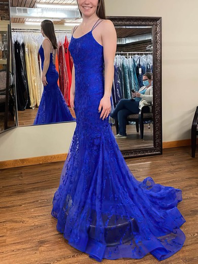Trumpet/Mermaid Square Neckline Tulle Lace Sweep Train Appliques Lace Prom Dresses #Favs020108684