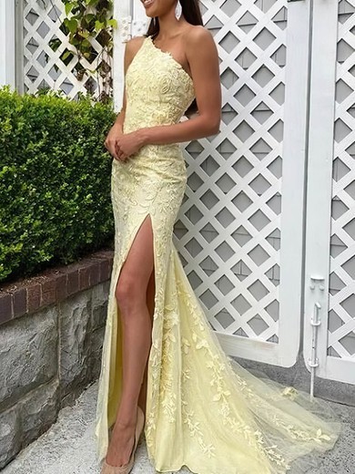 Sheath/Column One Shoulder Tulle Lace Sweep Train Appliques Lace Prom Dresses #Favs020108687