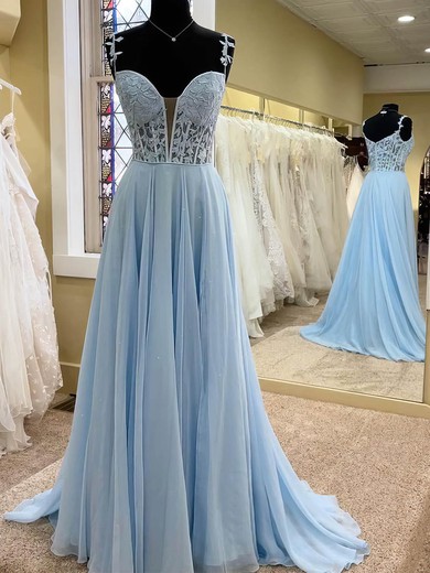 A-line V-neck Tulle Sweep Train Appliques Lace Prom Dresses #Favs020108688