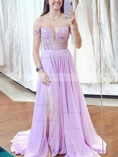 A-line V-neck Tulle Sweep Train Appliques Lace Prom Dresses #Favs020108688