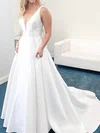 A-line V-neck Satin Sweep Train Bow Prom Dresses #Favs020108698
