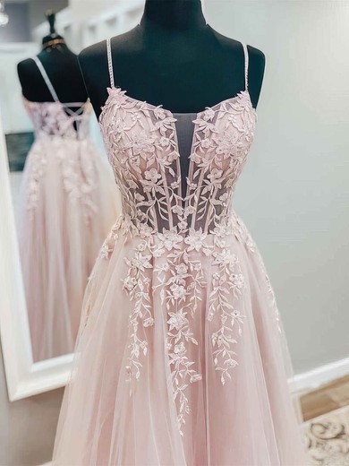 A-line Square Neckline Tulle Lace Sweep Train Appliques Lace Prom Dresses #Favs020108704