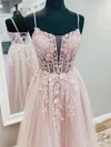 A-line Square Neckline Tulle Lace Sweep Train Appliques Lace Prom Dresses #Favs020108704
