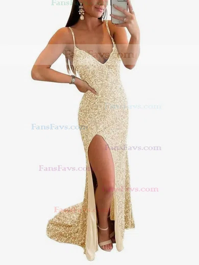 A-line V-neck Sequined Sweep Train Split Front Prom Dresses #Favs020108707