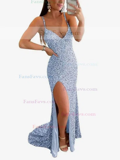A-line V-neck Sequined Sweep Train Split Front Prom Dresses #Favs020108707