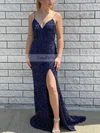A-line V-neck Sequined Sweep Train Split Front Prom Dresses #Favs020108707