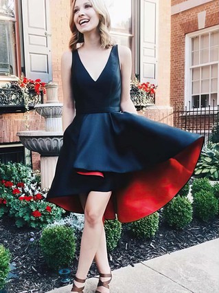 A-line V-neck Satin Asymmetrical Pockets Short Prom Dresses #Favs020105403