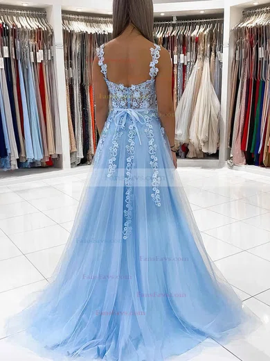A-line Sweetheart Lace Tulle Sweep Train Appliques Lace Prom Dresses #Favs020108711