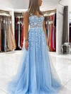 A-line Sweetheart Lace Tulle Sweep Train Appliques Lace Prom Dresses #Favs020108711