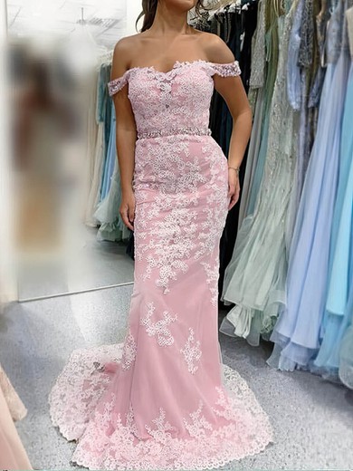 Trumpet/Mermaid Off-the-shoulder Lace Tulle Sweep Train Beading Prom Dresses #Favs020108712