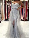 A-line V-neck Lace Tulle Sweep Train Beading Prom Dresses #Favs020108714