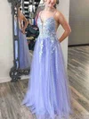 A-line V-neck Tulle Sweep Train Appliques Lace Prom Dresses #Favs020108723