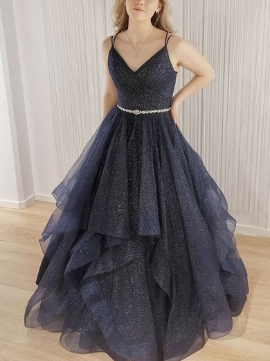 Ball Gown V-neck Glitter Sweep Train Sashes / Ribbons Prom Dresses #Favs020108725