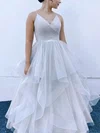 A-line V-neck Glitter Sweep Train Ruffles Prom Dresses #Favs020108726