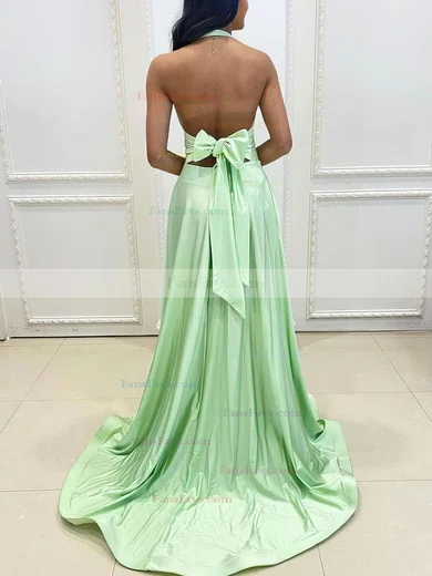 A-line Halter Silk-like Satin Sweep Train Bow Prom Dresses #Favs020108728