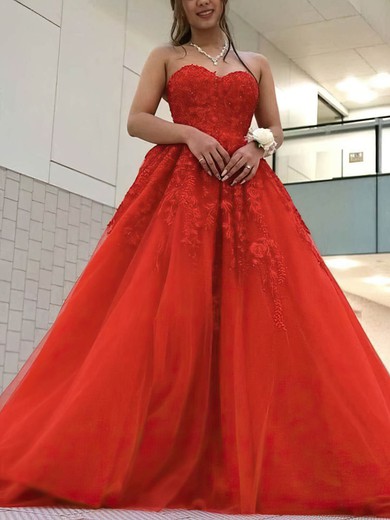 Ball Gown Sweetheart Tulle Sweep Train Appliques Lace Prom Dresses #Favs020108731