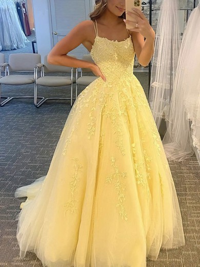 A-line Scoop Neck Tulle Sweep Train Appliques Lace Prom Dresses #Favs020108733