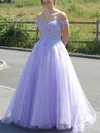 A-line Off-the-shoulder Tulle Sweep Train Appliques Lace Prom Dresses #Favs020108734