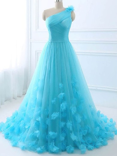 A-line One Shoulder Tulle Sweep Train Ruffles Prom Dresses #Favs020108739