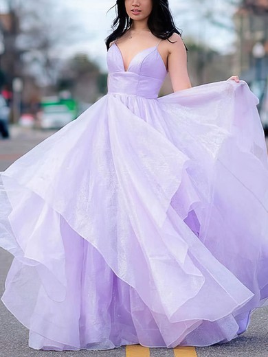 A-line V-neck Organza Sweep Train Cascading Ruffles Prom Dresses #Favs020108740