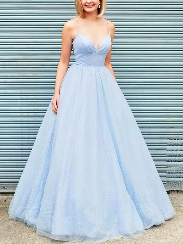 A-line V-neck Tulle Sweep Train Prom Dresses #Favs020108744