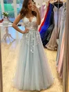 A-line V-neck Tulle Sweep Train Appliques Lace Prom Dresses #Favs020108745