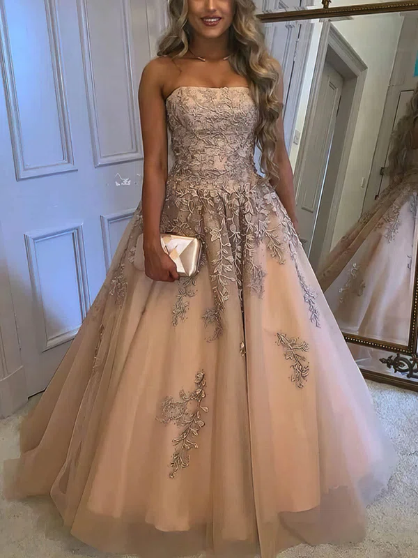 Ball Gown Strapless Tulle Sweep Train Appliques Lace Prom Dresses #Favs020108746