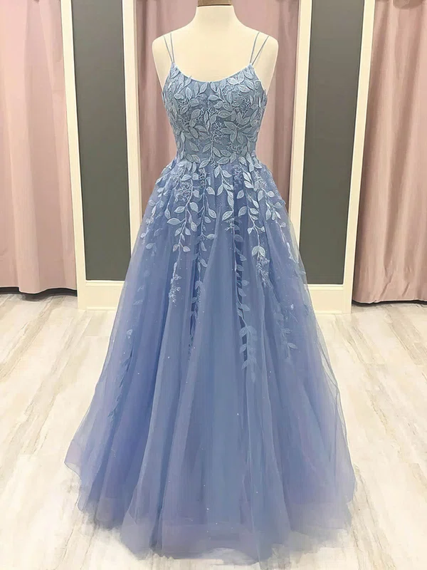A-line Scoop Neck Tulle Sweep Train Appliques Lace Prom Dresses #Favs020108747