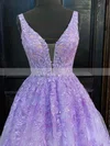 A-line V-neck Tulle Sweep Train Appliques Lace Prom Dresses #Favs020108748