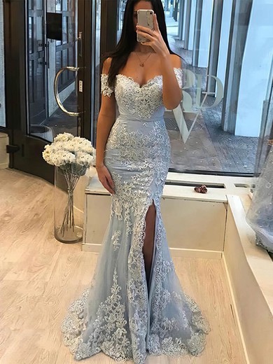 Trumpet/Mermaid Off-the-shoulder Lace Tulle Sweep Train Appliques Lace Prom Dresses #Favs020108751