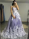 A-line V-neck Tulle Sweep Train Appliques Lace Prom Dresses #Favs020108753