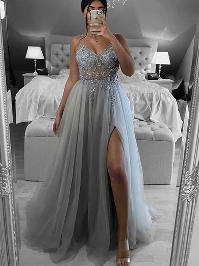 A-line V-neck Tulle Sweep Train Beading Prom Dresses #Favs020108754