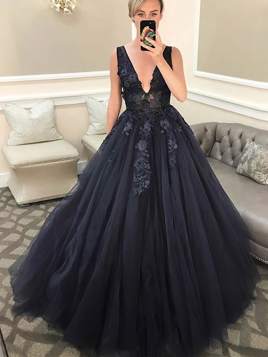 A-line V-neck Tulle Sweep Train Appliques Lace Prom Dresses #Favs020108755