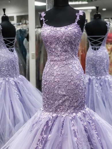 Trumpet/Mermaid Square Neckline Tulle Sweep Train Appliques Lace Prom Dresses #Favs020108760