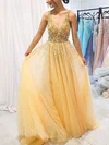 A-line V-neck Tulle Sweep Train Beading Prom Dresses #Favs020108762
