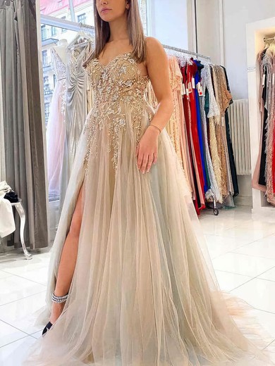 A-line V-neck Tulle Sweep Train Beading Prom Dresses #Favs020108766
