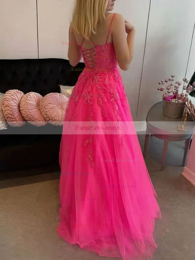 A-line Square Neckline Tulle Sweep Train Appliques Lace Prom Dresses #Favs020108769