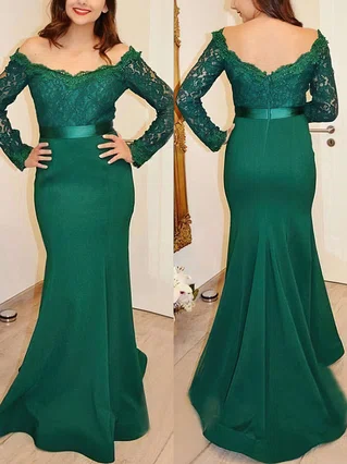 Trumpet/Mermaid Off-the-shoulder Lace Silk-like Satin Sweep Train Sashes / Ribbons Prom Dresses #Favs020103731 Trumpet/Mermaid Off-the-shoulder Lace Silk-like Satin Sweep Train Sashes / Ribbons Prom Dresses #Favs020103731